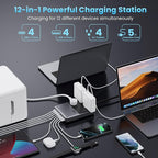 12-in-1 Charging Station USB C Power Strip with 5ft Cord and Plug,200W GaN IV USB C Charger Block,4 AC Outlets,8 USB for MacBook,iPhone 17/16/15,Fast Charging Desktop Charger for Office,Home