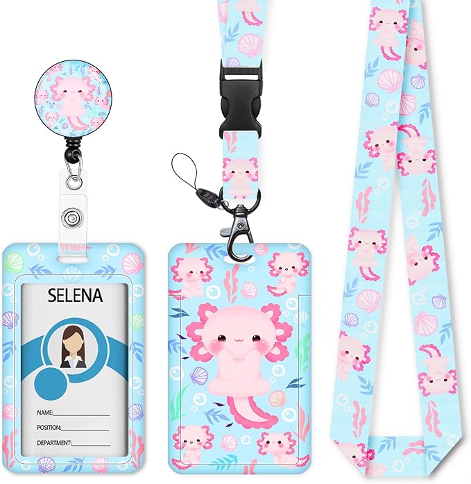 ID Badge Holder with Breakaway Lanyard, Lanyards for ID Badges Name Tags ID Card Holder, Cute Badge Reel Badge Clip Retractable, Teacher Nurse Nursing Student School Office Gifts, Axolotl Arts