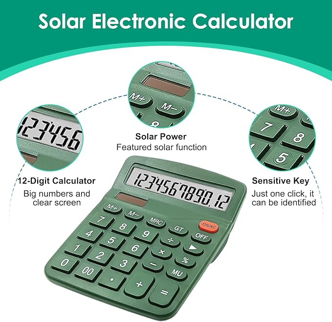 8 Pack Calculator Desktop, 12-Digit Solar Basic Calculators Dual Power Electronic Calculators with Large LCD Display Big Button for Office Home and School (Dark Green)