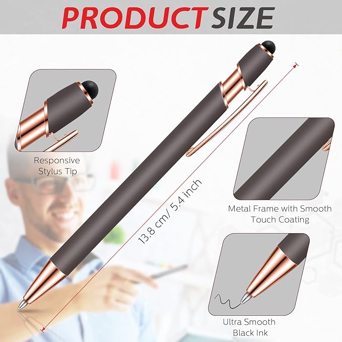 Tenare 12 Pieces 2 in 1 Stylus Metal Ballpoint Pen with Stylus Tip, 1.0 mm Black Ink Ballpoint Pen for Touch Screens(Gray and Rose Gold)