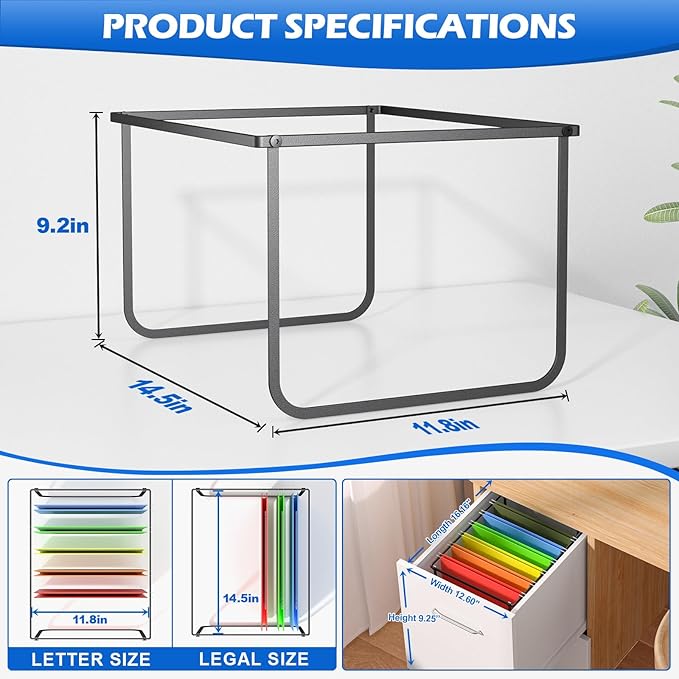2 Pack Legal and Letter Size Hanging File Folder Frame,Hanging File Folder Holder for Desktop Organizer,Metal Rack for Filing Cabinet or File Drawer, 12.4” Wide x 15.3” Long x 9.4" Height