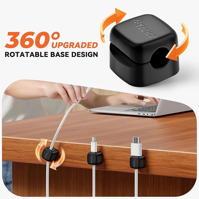 Yocice 6Pack Rotatable Cord Organizer,Spring Cable Clips Desk Cable Management Cord Holder Adhesive Phone Charger Cord Clips for Home Office Car Wall Nightstand Accessories, Black