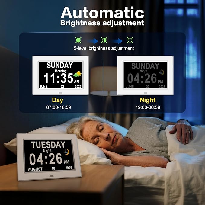 DIWAKREM 7'' Large Display Digital Clock for Seniors, Digital Calendar Alarm Clock for Elderly Clock with Date Day of Week 12 Alarms 4 Colors Desk Wall Clocks for Alzheimers Dementia Auto DST/Dimmer