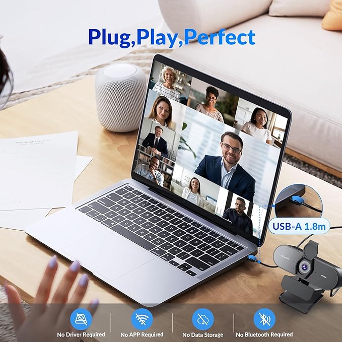 4K Webcam with Sony Sensor, PDAF Autofocus, 1080P@60FPS, 2 Noise Reduction Mics, Auto Light Correction, USB Plug&Play, Privacy Cover, 79°FOV, Streaming Camera for PC, Mac, Laptop, Video Calls