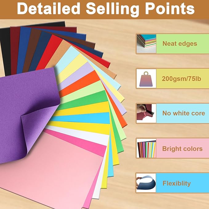 40 Sheets Colored Cardstock A4 Craft Paper, 20 Assorted Colors 200gsm/75lb Art Projects Card Stock Construction Paper for DIY Cards Making, Office Printing, Birthday Decorations, School