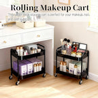 LIWNYRK 2 Tier Rolling Cart with Wheels for Under Desk Storage & Pantry Room, Large Capacity Laundry Room & Makeup Organizer, Sturdy Kitchen Utility Cart for Small Space with 4 Hooks, Black
