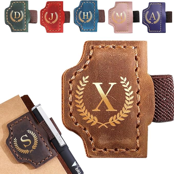 Personalized Bygone Mark Bookmark with Pen Holder, Leather Magnetic Bookmark 26 Letters,Gifts for Book Lovers, Readers, Leather Book Marks for Men Women (Brown, X)
