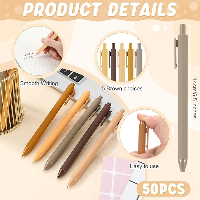 50 Pcs Ballpoint Pens Bulk Retractable Writing 1. 0 mm Black Ink Cute Pens Smooth Writing Color Fancy Gift for Teacher Student Employee Office School Home Baby Shower Supplies (Brown Series)
