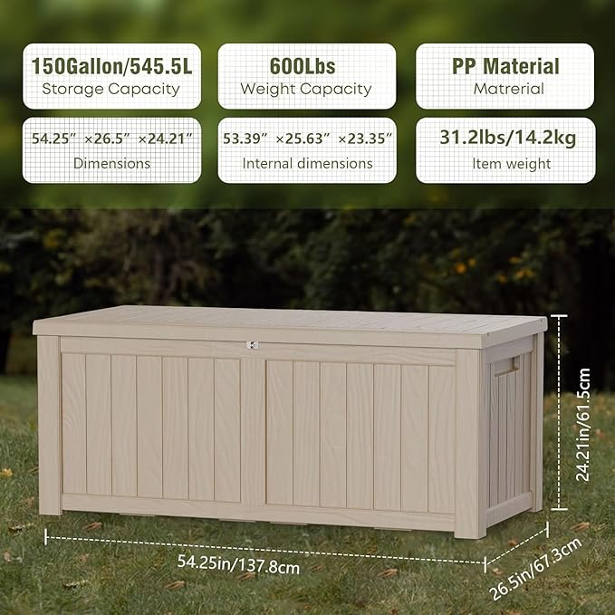 PATIOEASY Outdoor Storage Box 150GAL Waterproof Resin Deck Box,UV-Resistant Lockable Package Delivery Bin for Garden Tools,Large Patio Outside Cushions,Pool Accessories Supplies,Chest,Furniture,Grey