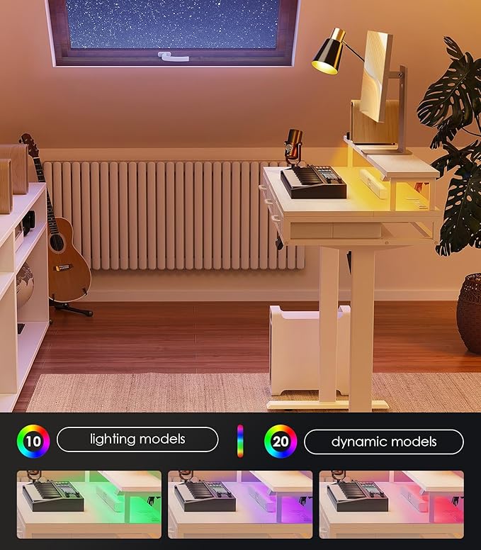 OffiGo Electric Standing Desk with Drawers, 63 Inch Height Adjustable Desk with Power Outlets & LED Lights, Sit Stand Table with Monitor Stand for Home, Office, Workstation, White