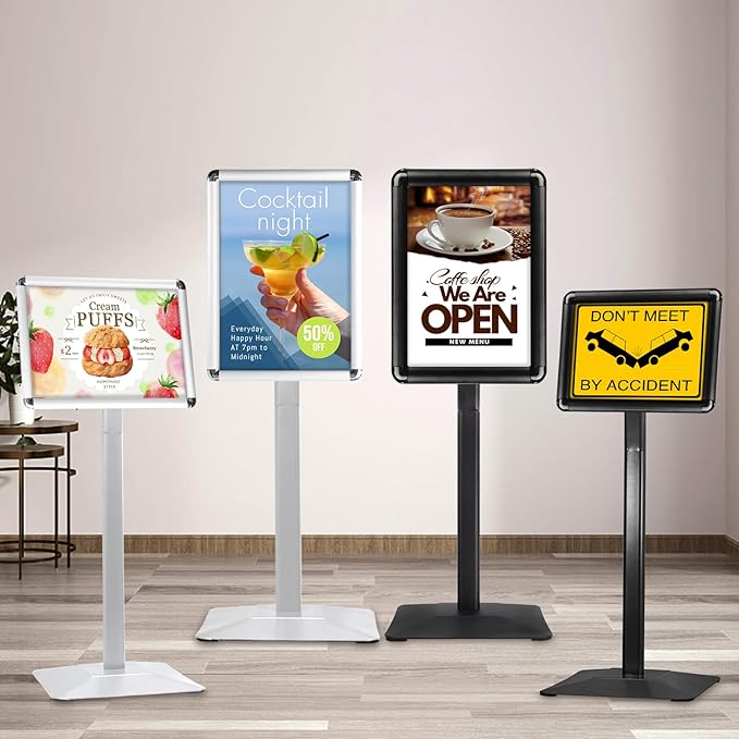 STANDNEE Heavy-duty Poster Stand Holder 11"x 17" Pedestal Floor Standing Sign Holder Vertical and Horizontal View Sign Display, Aluminum Snap Open Frame with Safety Corner, Silver
