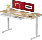 Standing Desk with Drawer, Electric Height Adjustable Home Office Desk with Storage & USB Ports, 55 inch Maple Wood Tabletop/White Frame