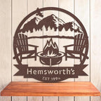 RealSteel Personalized Mountain Campfire Monogram Metal Sign – Custom Family Name Rustic Wall Art for Cabin, Campground, RV & Backyard Fire Pit – Outdoor Camping Décor – Unique Personalized Gift – USA