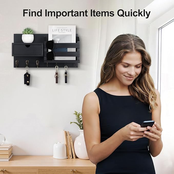 Lwenki Wall Mount Key Holder with Mail Organizer, 100% Paulownia Wood, 7 Metal Hooks, Storage Drawer, Entryway Home Decor (Black)