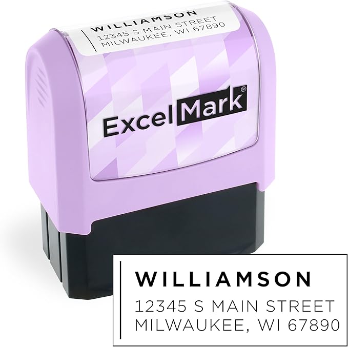 ExcelMark Address Stamp - Custom Return Address Stamp with Elegant Designs, Vibrant Colors & Patterns – Perfect for Mail, Invitations & Gifts (Violet Mount, Modern Line)