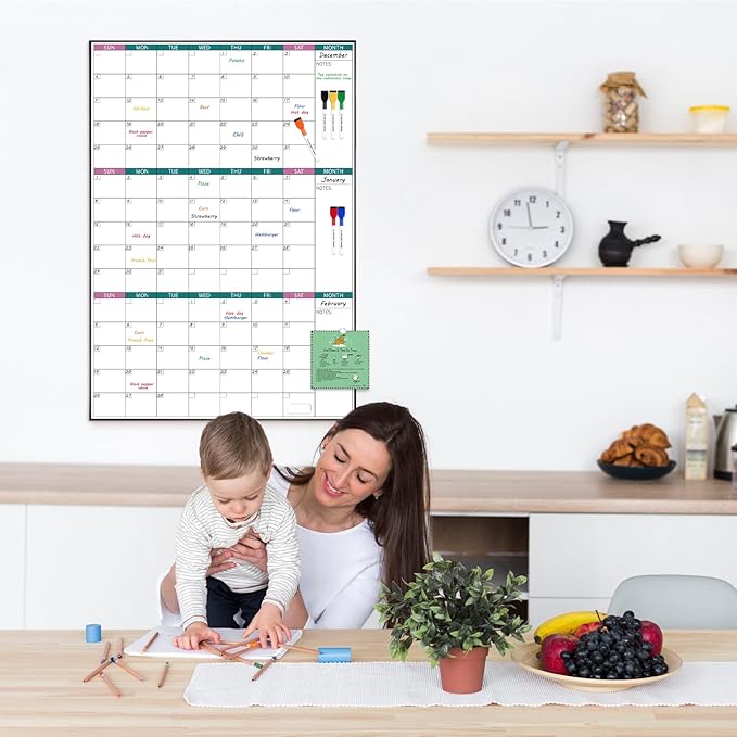 ARCOBIS 3-Month Dry Erase Calendar for Wall, 39"x28" Magnetic Whiteboard Calendar with Black Aluminum Frame, Monthly Calendar Board for Office, Home, School