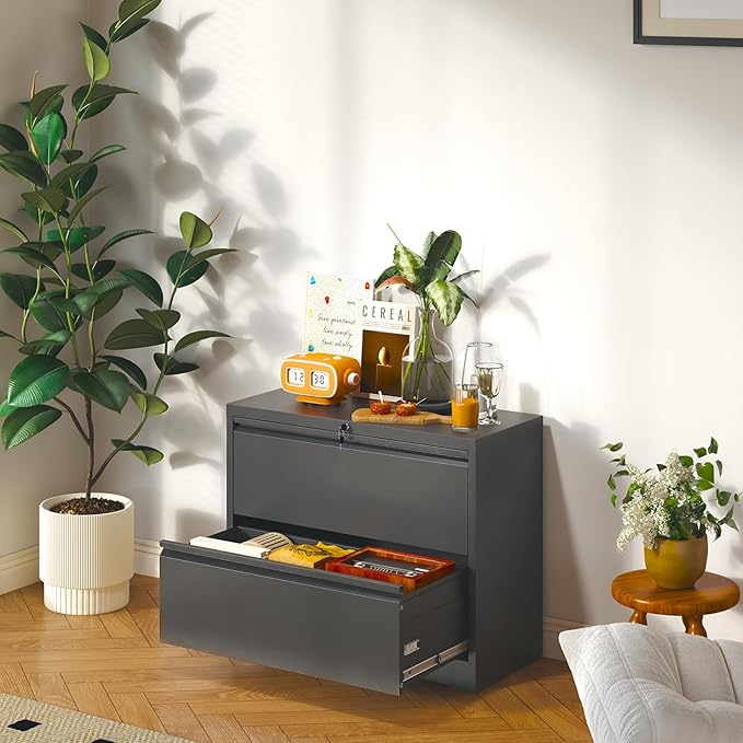 2 Drawer Lateral File Cabinet with Lock, Metal Lateral Filing Cabinet for Home Office, Steel Wide Horizontal Filing Cabinets for Letter/Legal/A4/F4 Hanging Files (Black)