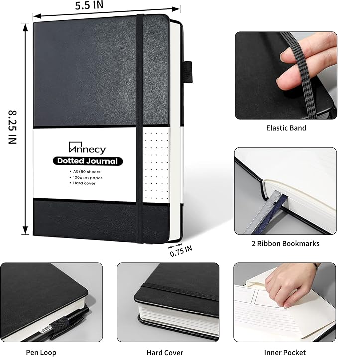 Annecy Numbered Bullet Dotted Journal Notebook, Medium 5.5x 8.25, 160 Pages 100GSM Writing Paper, A5 Black Faux Leather Cover with Pen Loop