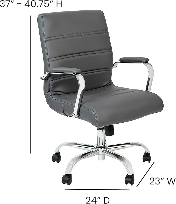 Flash Furniture Whitney Mid-Back Swivel LeatherSoft Desk Chair with Padded Seat and Armrests, Adjustable Height Padded Office Chair, Gray/Chrome