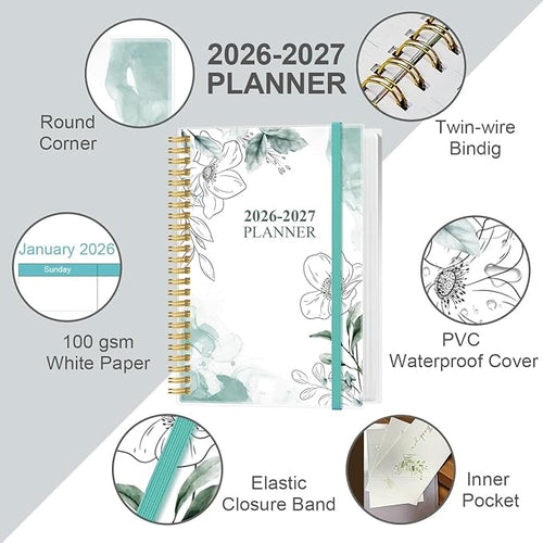 2026-2027 Planner - 18 Months Weekly & Monthly Planner from January 2026 - June 2027, Spiral Planners 2026-2027 with Elastic Closure, Inner Pocket, Medium 5.8" x 8.3", Teal Flower