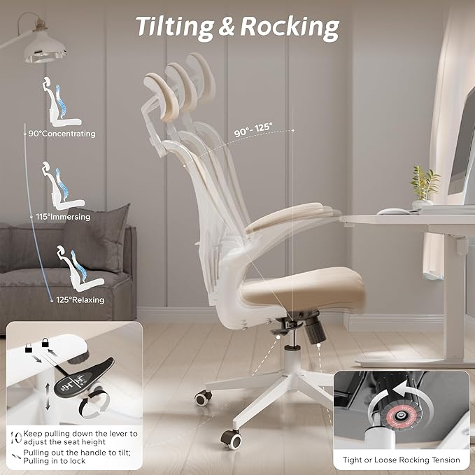 Ergonomic Office Chair with Adjustable Flip-Up Armrests & Lumbar Support - Thickened Cushion Desk Chair with Wheels, Comfy Home Office Computer Chair