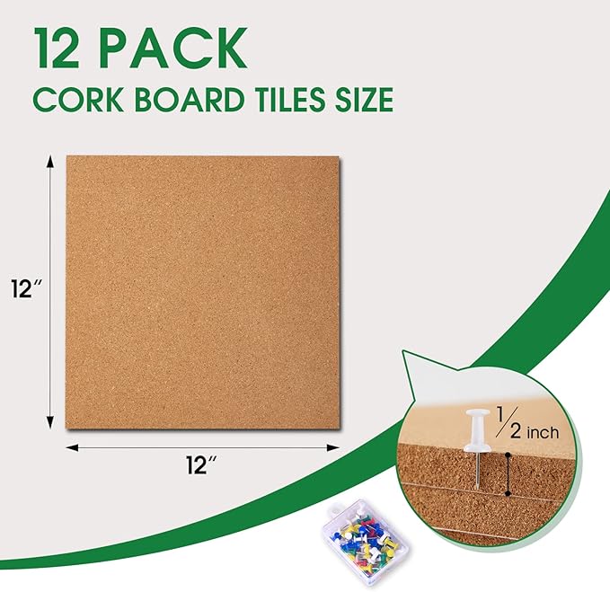 12 Pack Cork Bulletin Board 12 x 12 Inch - 1/2" Thick Cork Board Tiles,Self-Adhesive Frameless Cork Tiles Wall Decor with 100 PCS Pushpins for DIY, Office, School and Home Decor