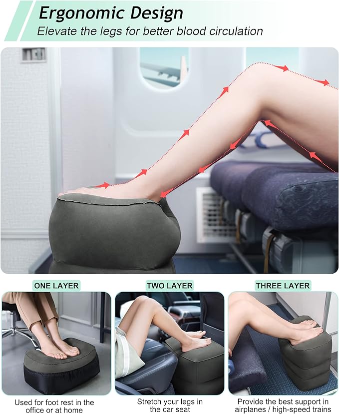 JefDiee Inflatable Travel Foot Rest Pillow, Kids Airplane Bed, Adjustable 3 Layers Height Leg Rest Pillow, Adults Travel Essentials Great for Airplane, Office, Home, Trains, Cars (Dark Grey)