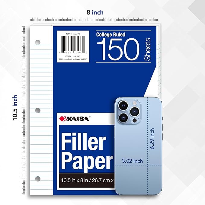 Kaisa Filler Paper Notebook Paper College Ruled 8"x10.5" Loose Leaf Paper for 3-Ring Binders 150 Sheet/pack,12pack (Total 1800 Sheets)