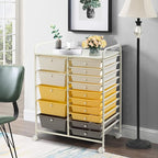 COSTWAY 15 Drawer Rolling Storage Cart, Multipurpose Mobile Storage Organizer w/Removable Drawers & Metal Frame, Utility Tools Paper Organizer on Wheels for Home, Office (Yellow, Beige & Grey)