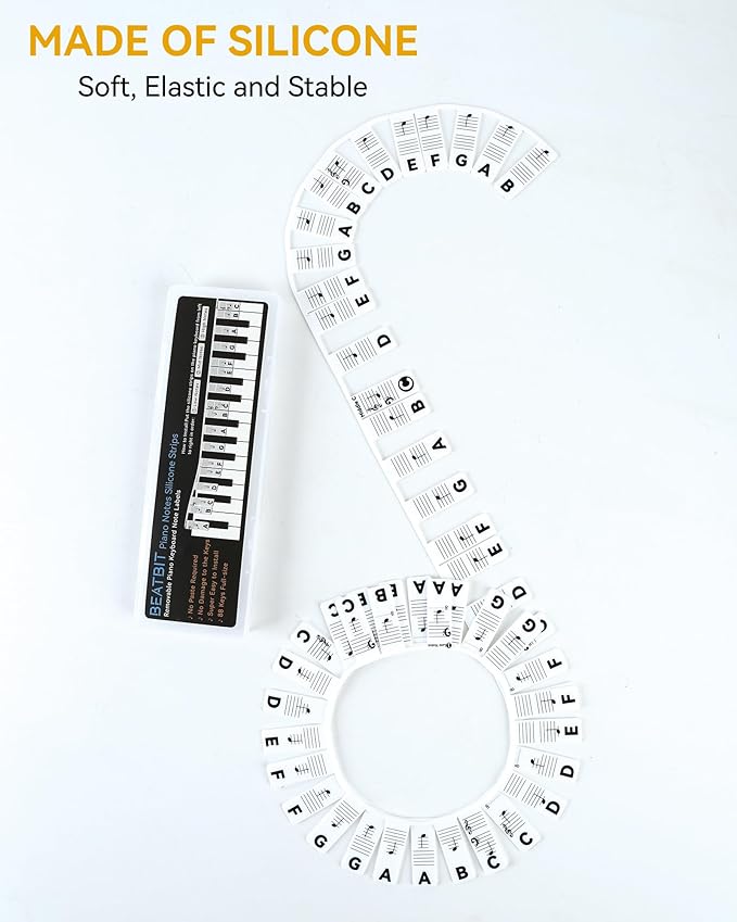 BEATBIT Piano Notes Guide for Beginner, Removable Piano Keyboard Note Labels for Learning, 88-Key Full Size, Made of Silicone, No Need Stickers, Reusable and Comes with Box (Classic Black）