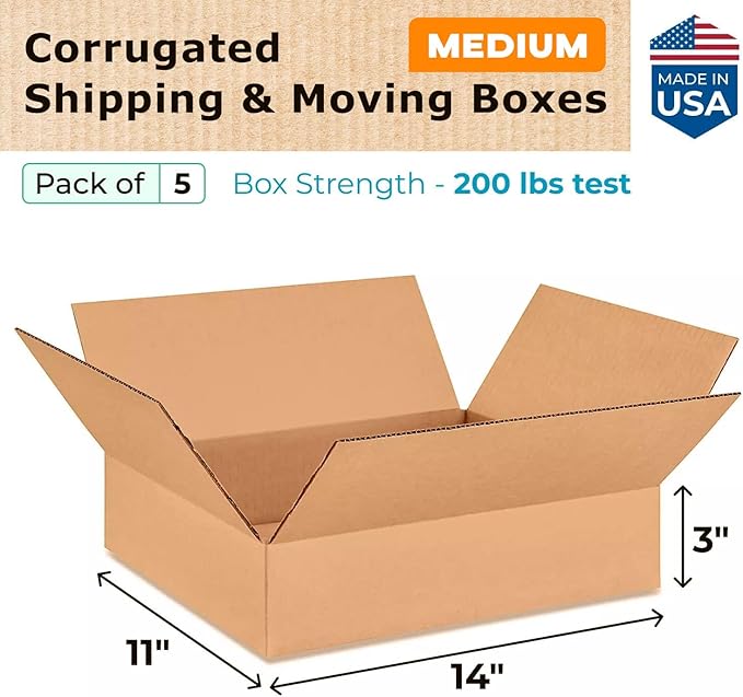 IDL Medium Moving & Shipping Boxes - 5-Pack, 14 x 11 x 3 Inches - Extra Strength 200 lb Corrugated Heavy Duty Boxes