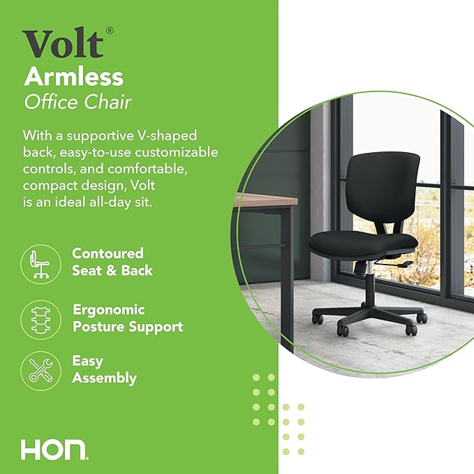 HON Volt Armless Chair, Ergonomic Adjustable Center-Tilt Recline, Fabric Back and Seat, Swivel Desk Chair, Black