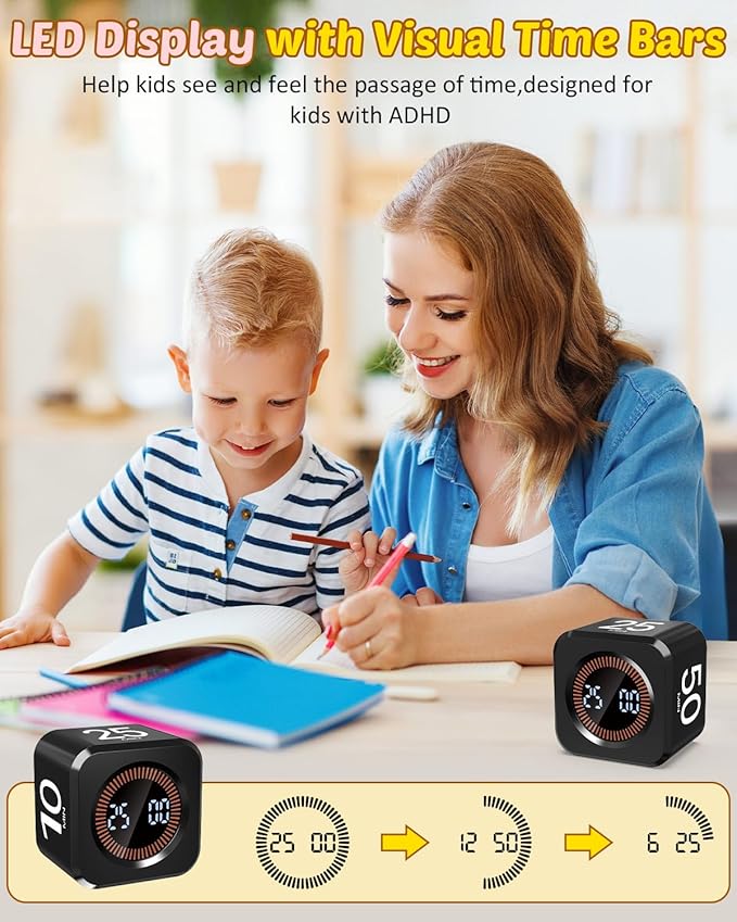 Digital Pomodoro Timer Cube 5/10/25/50min, Visual Productivity Flip Timer for Kids Classroom Desk, Custom Countdown, Silent and Sound Mode for ADHD Study Work Game Kitche(Black)