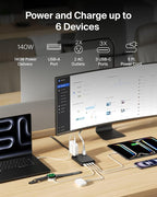 Belkin 2-Outlet GaN Charging Station 140W, USB C Charger w/ 2X AC Outlets, 3X USB C Ports, and 1x USB A Port - Power Strip for iPhone, Apple Watch, iPad, MacBook, Chromebook, Galaxy, Pixel, & More