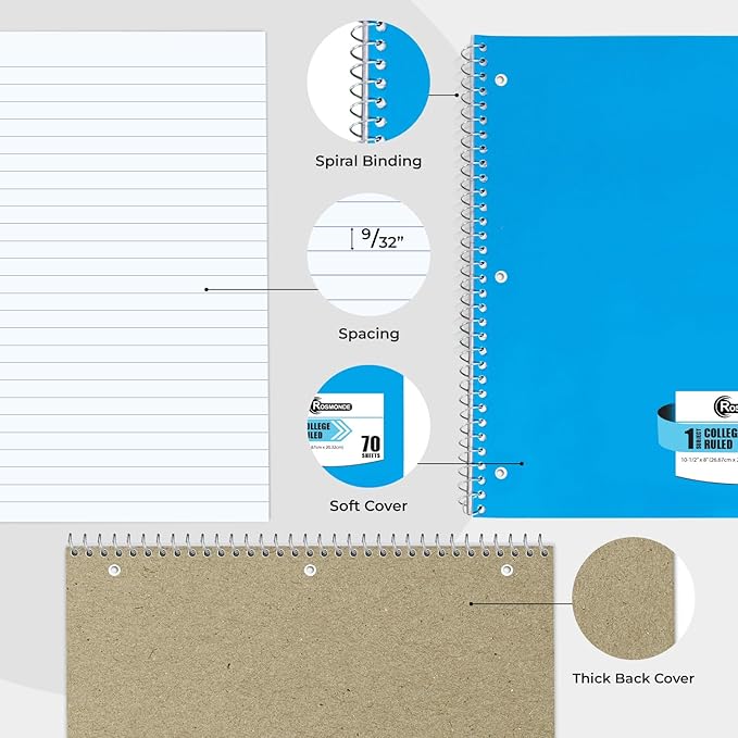 Rosmonde Spiral Notebook, 12 Pack, 1 Subject, College Ruled, 70 Sheets, 8 x 10-1/2", 3 Hole Punched, Bulk College Ruled Notebooks for School, Single Subject Spiral Notebook Bulk, Assorted Colors