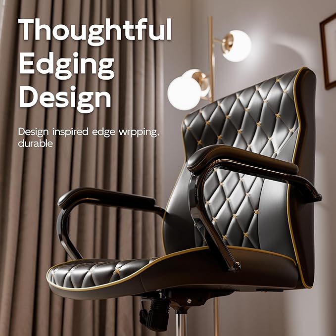 Black Office Chair with Soft Leather Embroidery, Mid Back Vintage Swivel Executive Desk Chair with Wheels and Padded Arms, Adjustable Height