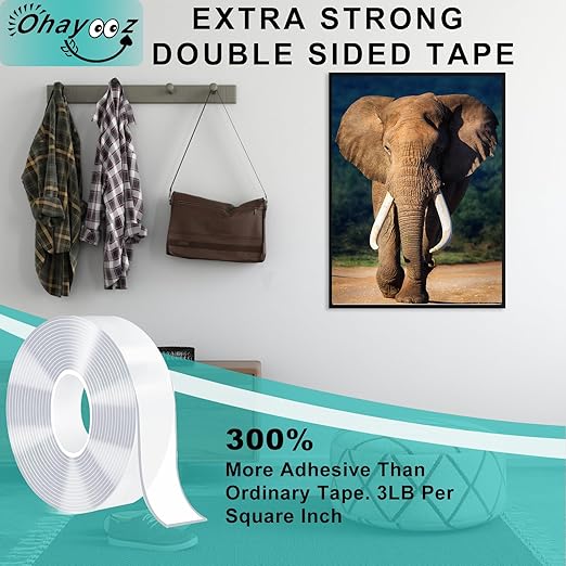 Ohayooz® Extra Strong Double Sided Tape Heavy Duty Removable 50FT, Clear Sticky Adhesive Nano Tape Tough Washable Waterproof Mounting Tape for Hanging Picture, Poster, Carpet, Photo Deco, Pack of 5