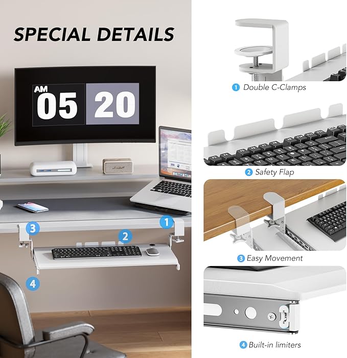 Keyboard Tray Under Desk Pull Out with Extra Sturdy C Clamp Mount System, 27.3 (32.5 inch Including Clamps) x 11 Inch Slide-Out Platform Computer Drawer for Typing White AX01WW01