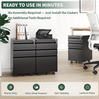 TEEALUBAN 3 Drawer File Cabinet with Lock,Under Desk Rolling Small Filing Cabinet for Home Office Storage,Mobile Steel Cabinets with Wheels,Fully Assembled,Black