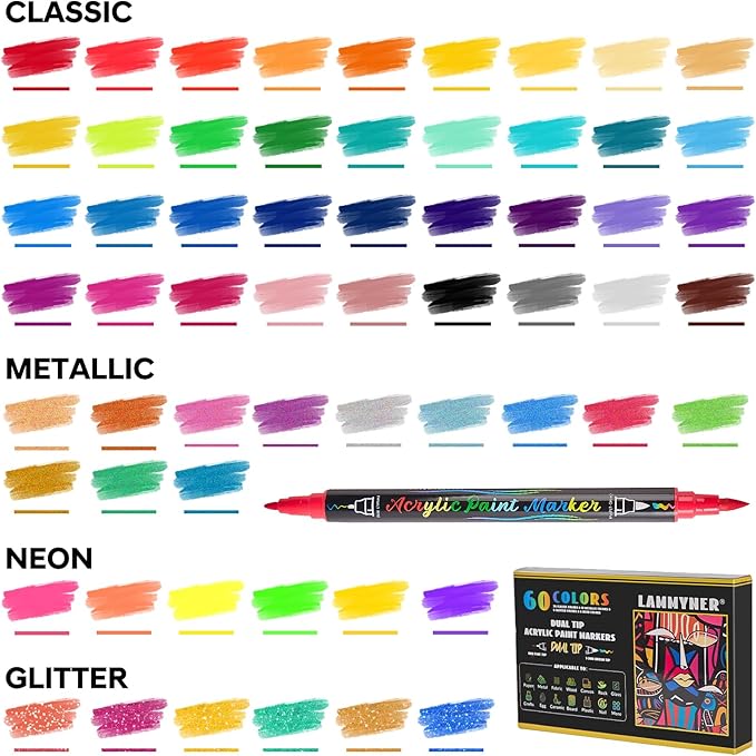 60 Colors Acrylic Paint Pens,Dual Tip Acrylic Markers with Fine Tip and Brush Tip,Acrylic Paint Markers for Rock Painting,Fabric,Crafts,Wood,Glass,Canvas,Plastic,Scrapbook,Art Supplies