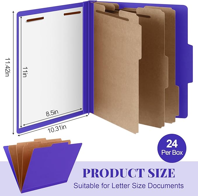Skyygemm 24 Pcs Classification Folders Letter Size, 3 Divider Pressboard File Folder with Fasteners, Expanding File Organizer Bulk for School Teachers, Office Employee, Coworker, Staff (Purple)