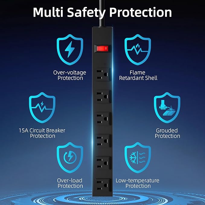 6 Outlet Heavy Duty Power Strip with Long Power Cord,Mountable Power Strip Without Surge Protector for Garage,Industrial,School and Home,15A 125V 1875W,ETL Approved and Listed,Black (8FT)