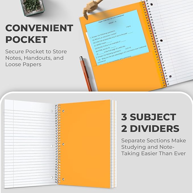 Rosmonde 24 Pack 3 Subject Spiral Notebook College Ruled Bulk, Thick Paper, Extra Pages - 300 Pages (150 Sheets), 8 x 10-1/2", Bulk Spiral Journal for School, 3 Hole Punched, Bulk Subject Notebooks