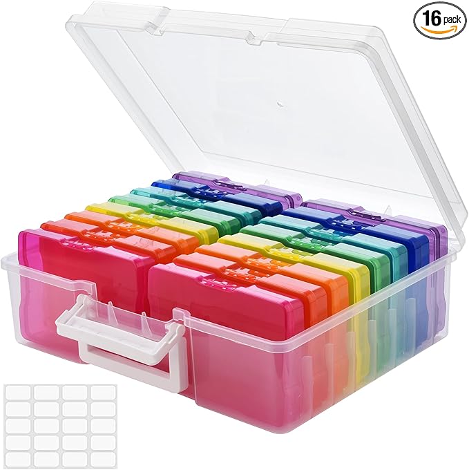 ALINK Photo Storage Box with Handle, 4" x 6" Photo Organizer Storage Container with 16 Inner Case and 1 Sheet Blank Labels for Pictures, Arts, Crafts, Sewing, Seeds, Office Supplies - Colored