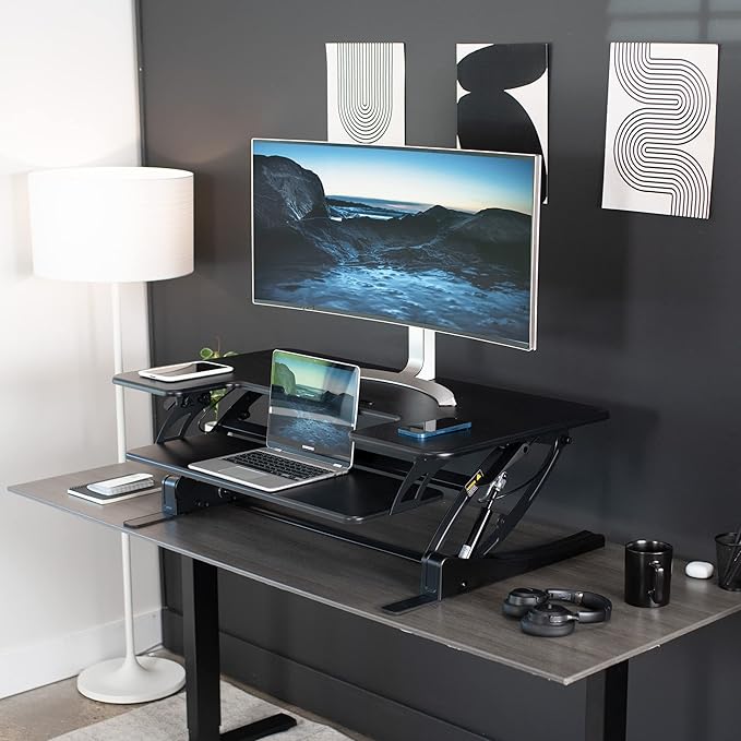 VIVO 42 inch Height Adjustable Stand Up Desk Converter, V Series, Quick Sit to Stand Tabletop Dual Monitor Riser Workstation, Black, DESK-V000VL