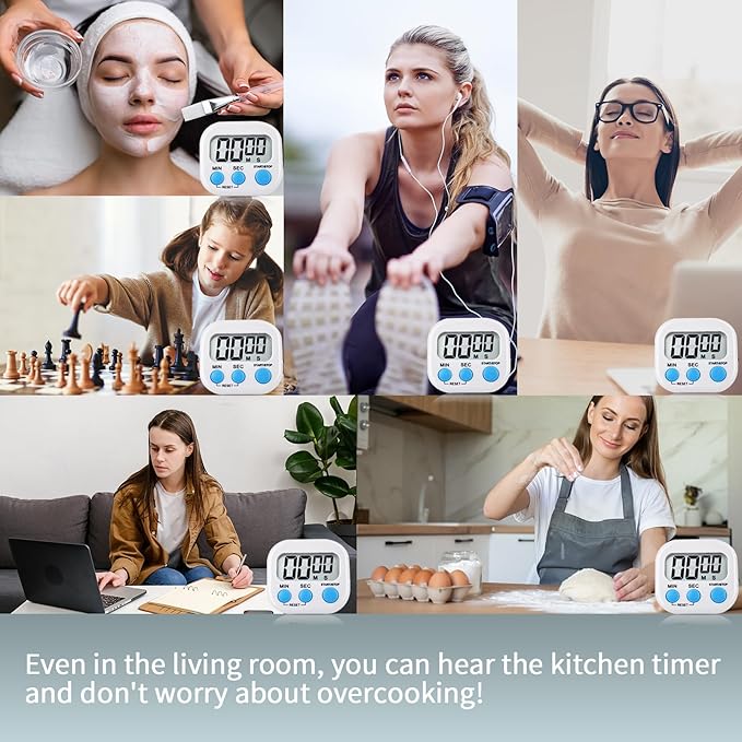 4 Pack Digital Kitchen Timer Magnetic Digital Timer with Big Display Loud Ring Cooking Timers for Cooking, Game, Gym, Break Time, Classroom(4,Pink, Blue, Green, White)