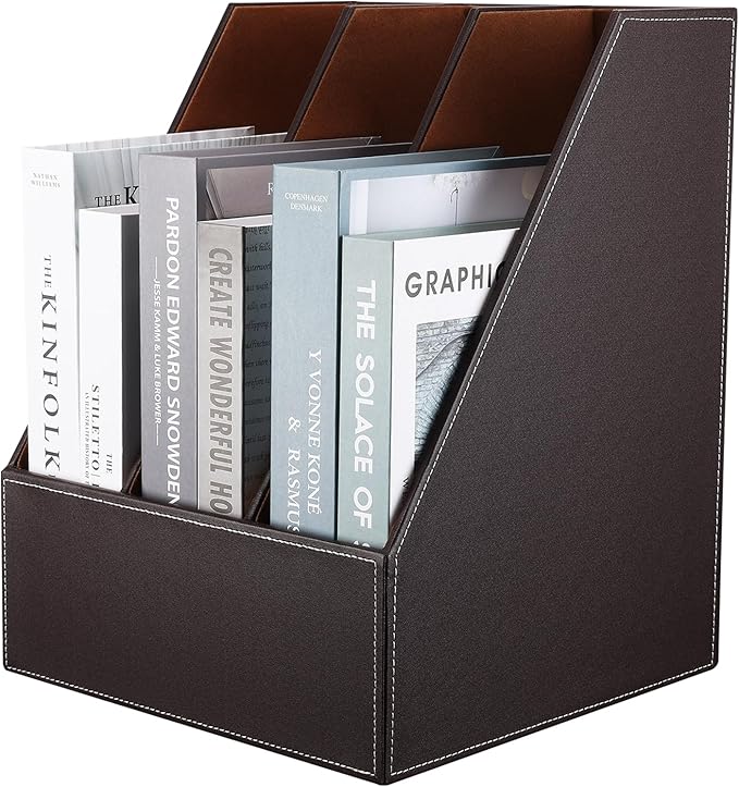 KINGFOM Desktop Wooden Leatherette Magazine File Holder-Organizer-3 Compartment Stand Rack-Papers Storage Box (brown)