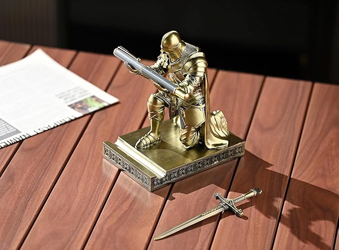 Amoysanli Medieval Armored Warrior Wearing Outerwear, Mobile Phone Stand Knight Pen Holder Desk Organizers, Resin Bookends Paperweight with a Letter Opener for Desk (Bronze)