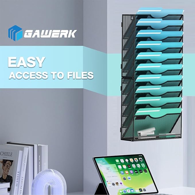 Gawerk 11-Tier Wall File Organizer Hanging Wall File Holder Wall Mount Paper Folder Organize, Mesh Magazine Document Mail Organizer Wall Organizer for Office School Home, Black