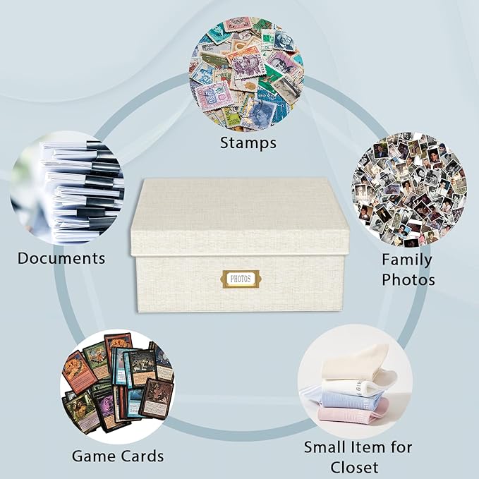 Decorative Photo Storage Box - Linen Photo Box Organizer with Dividers, Fits Holds Up to 1700 Pictures and 4x6 Photos, Memory Keepsake Organizer for Photos, Scrapbook Supplies, Cards, Stamps (Beige)